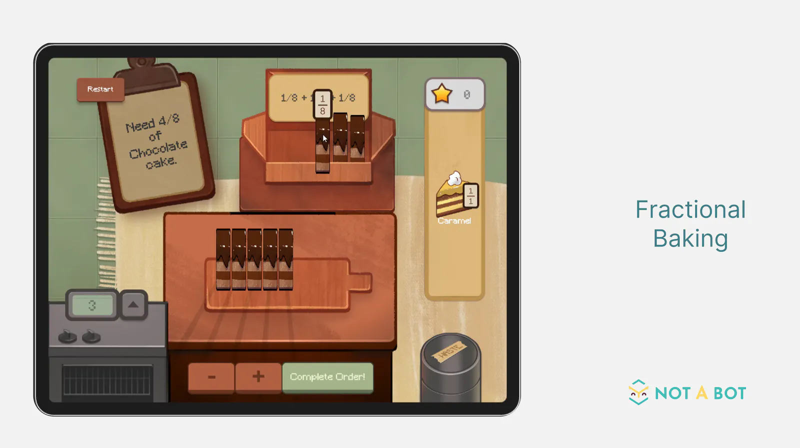 Fractional Baking, a game on a tablet: an order for 4/8 of a chocolate cake, made from 1/8 slices.