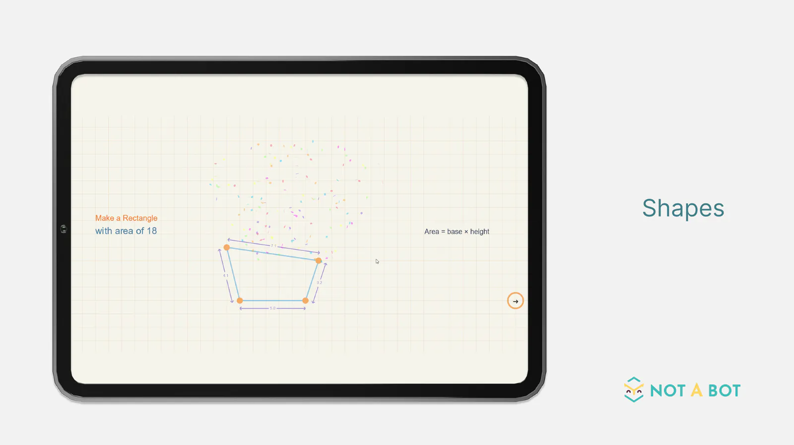 Shapes, a game on a tablet: make a rectangle with an area of 18 (area = base × height).