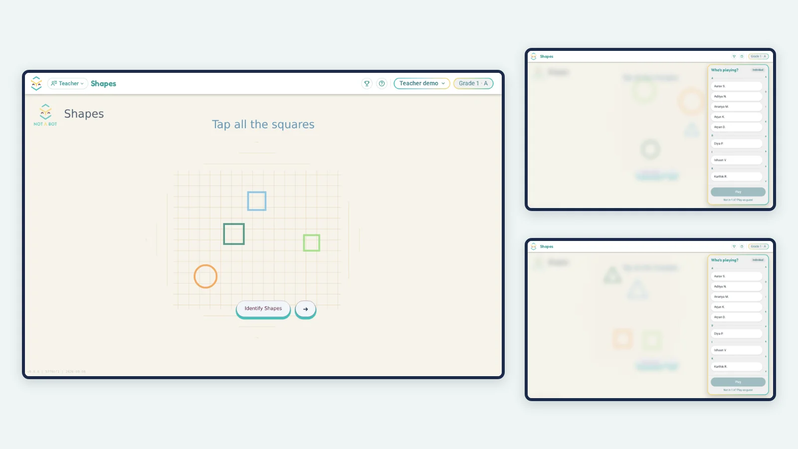 Game Lab on three tablets: the teacher's tablet has opened Shapes, and two kids' tablets show Shapes with the class list, “Who's playing?”.